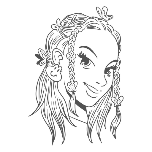 Dibujo en blanco y negro de una niña con trenzas. Diseño PNG