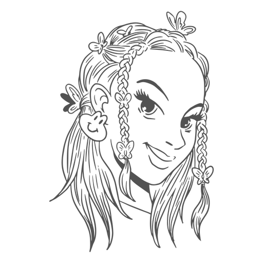 Schwarz-weiße Zeichnung eines Mädchens mit Zöpfen PNG-Design
