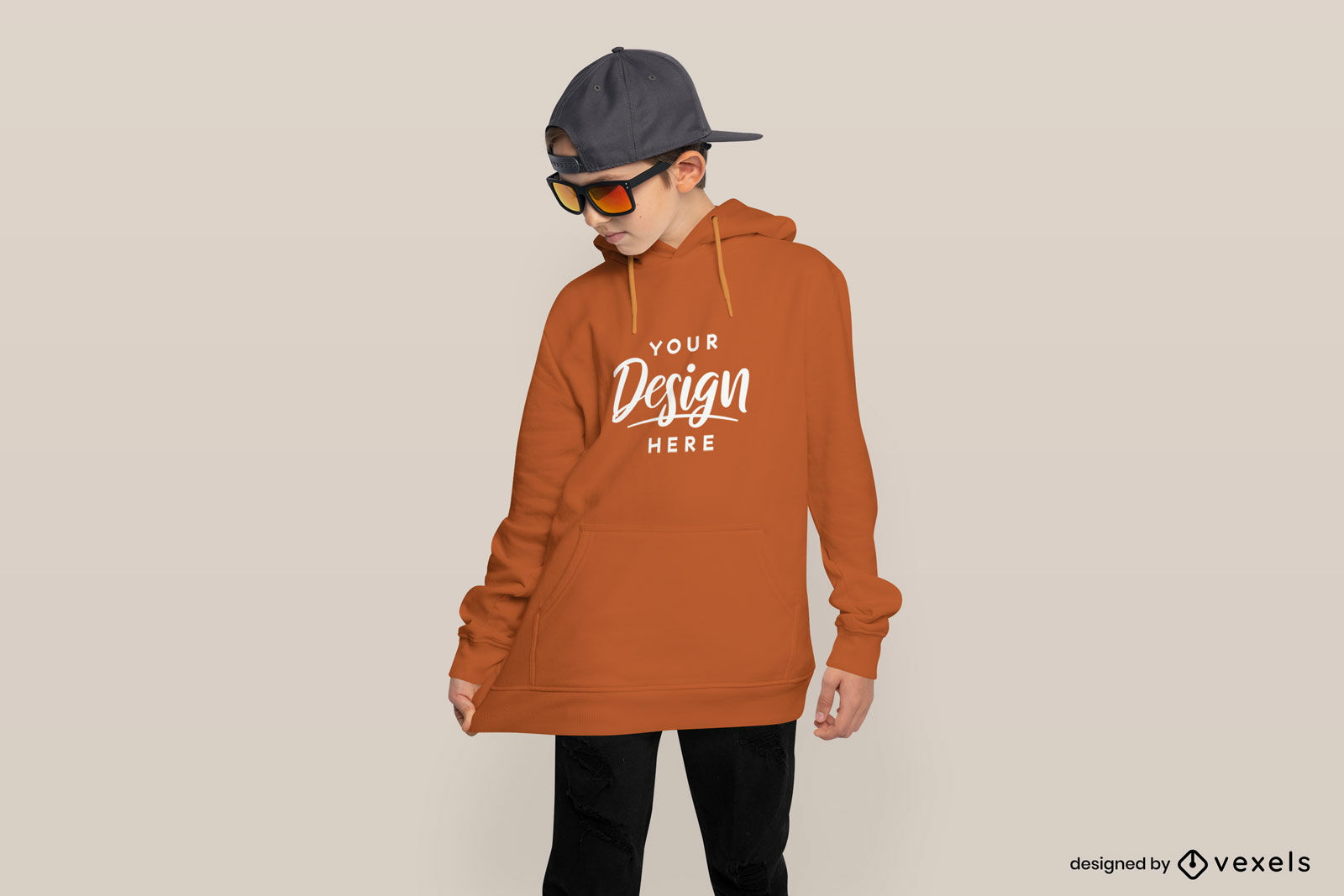Child boy in oversized hoodie and hat mockup