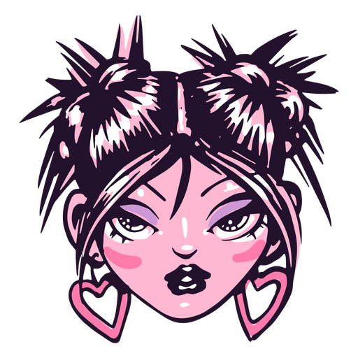 Caricatura de una niña con cabello rosa y aretes. Diseño PNG