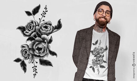 Diseño de camiseta de tatuaje de flor y hojas de peonía