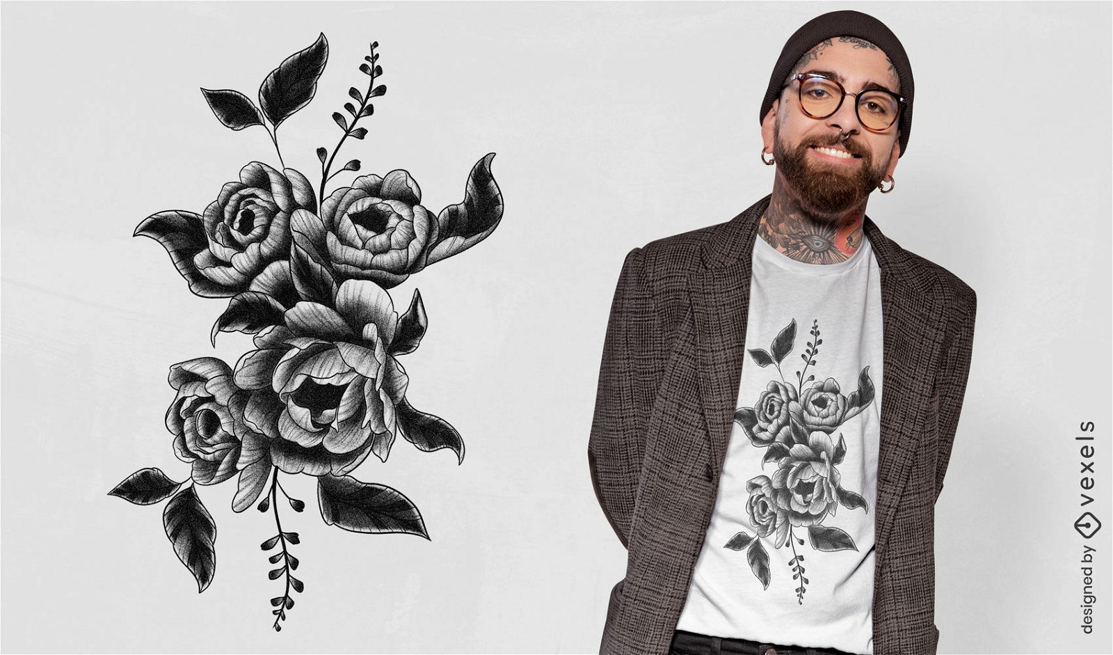 Design de camiseta de tatuagem de flores e folhas de peônia