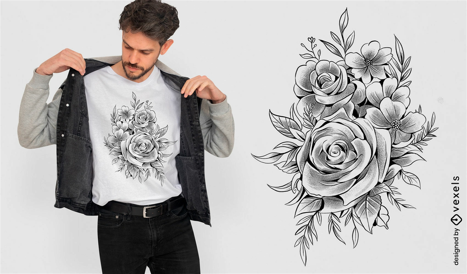 Diseño de camiseta de naturaleza de rosas y hojas.