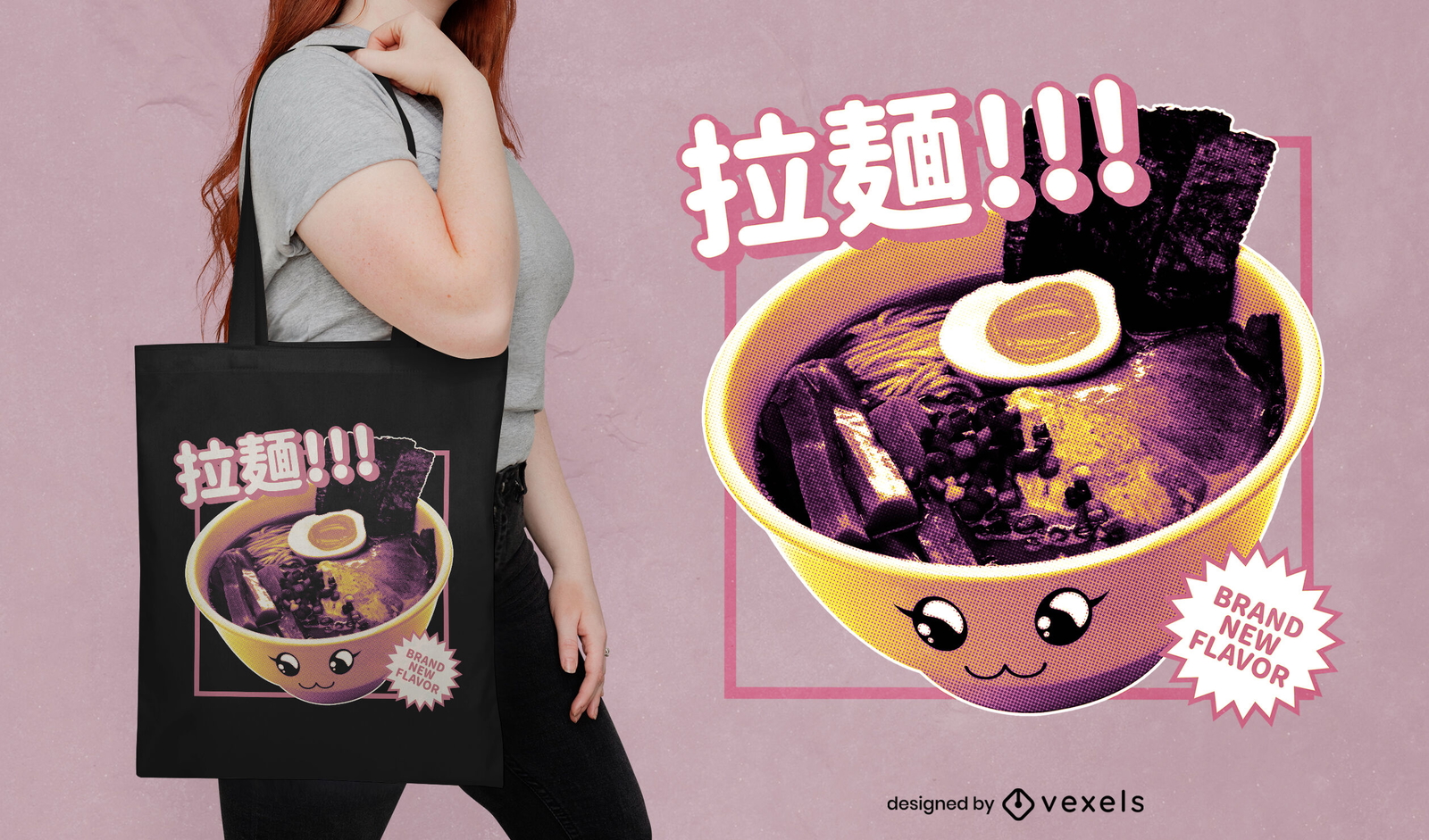 Diseño de bolsa de asas realista de comida kawaii ramen