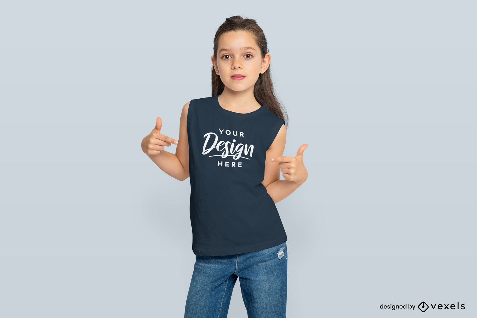 Girl pointing to tank top t-shirt mockup