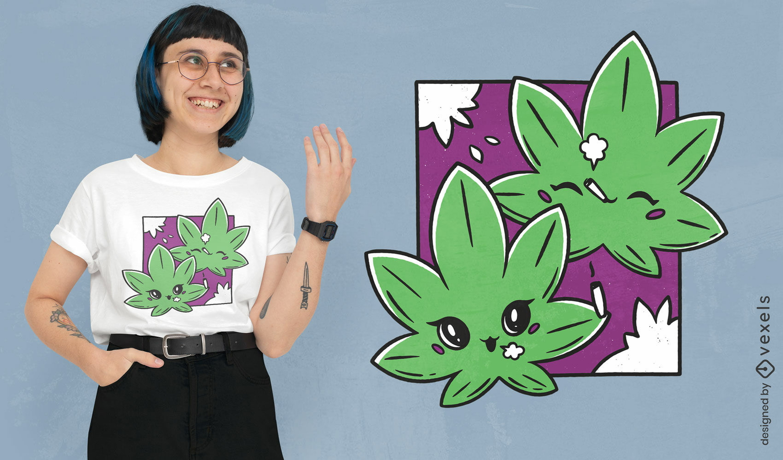 Weed hinterlässt Cartoon-Raucher-T-Shirt-Design