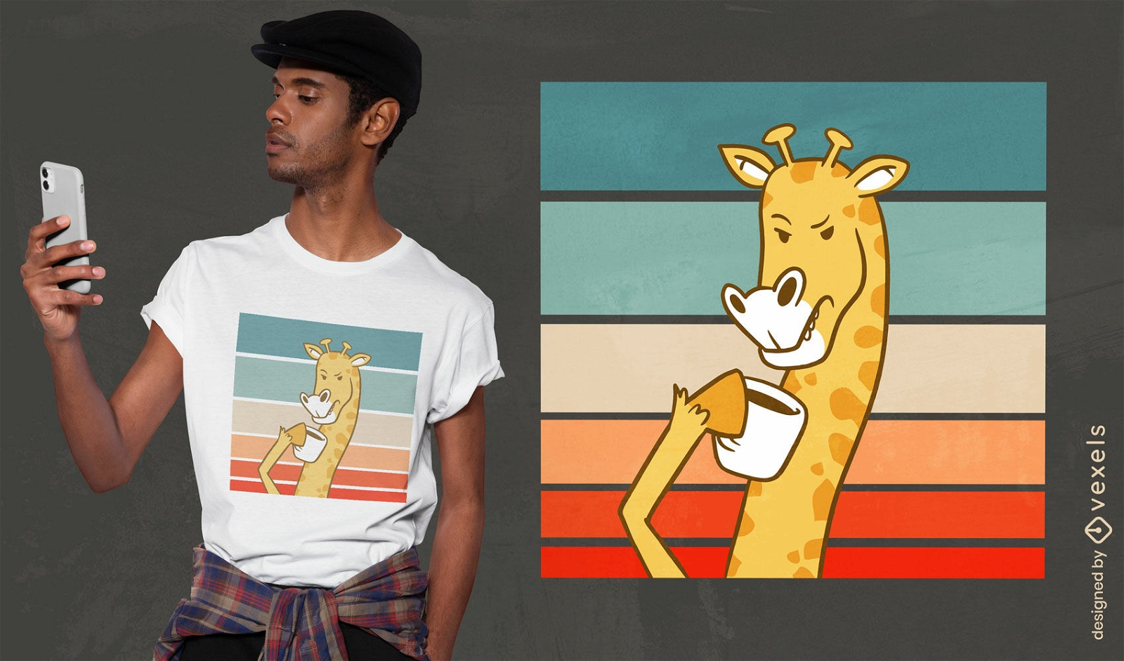 Diseño de camiseta de jirafa bebiendo café.