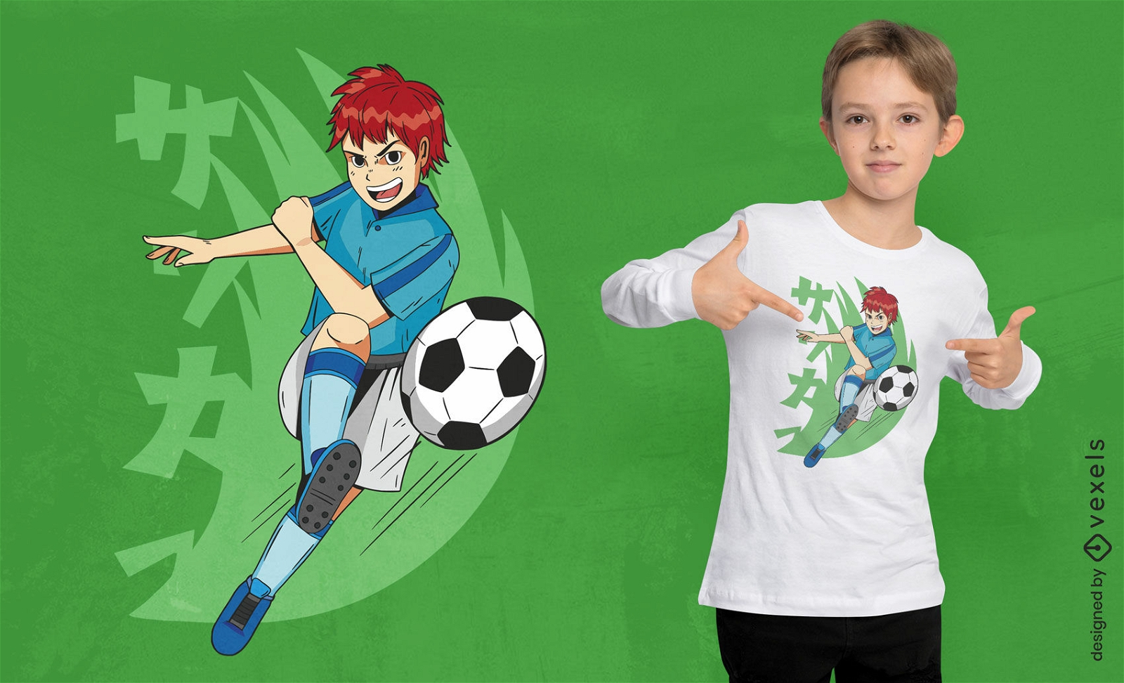 Menino de anime jogando design de camiseta de futebol