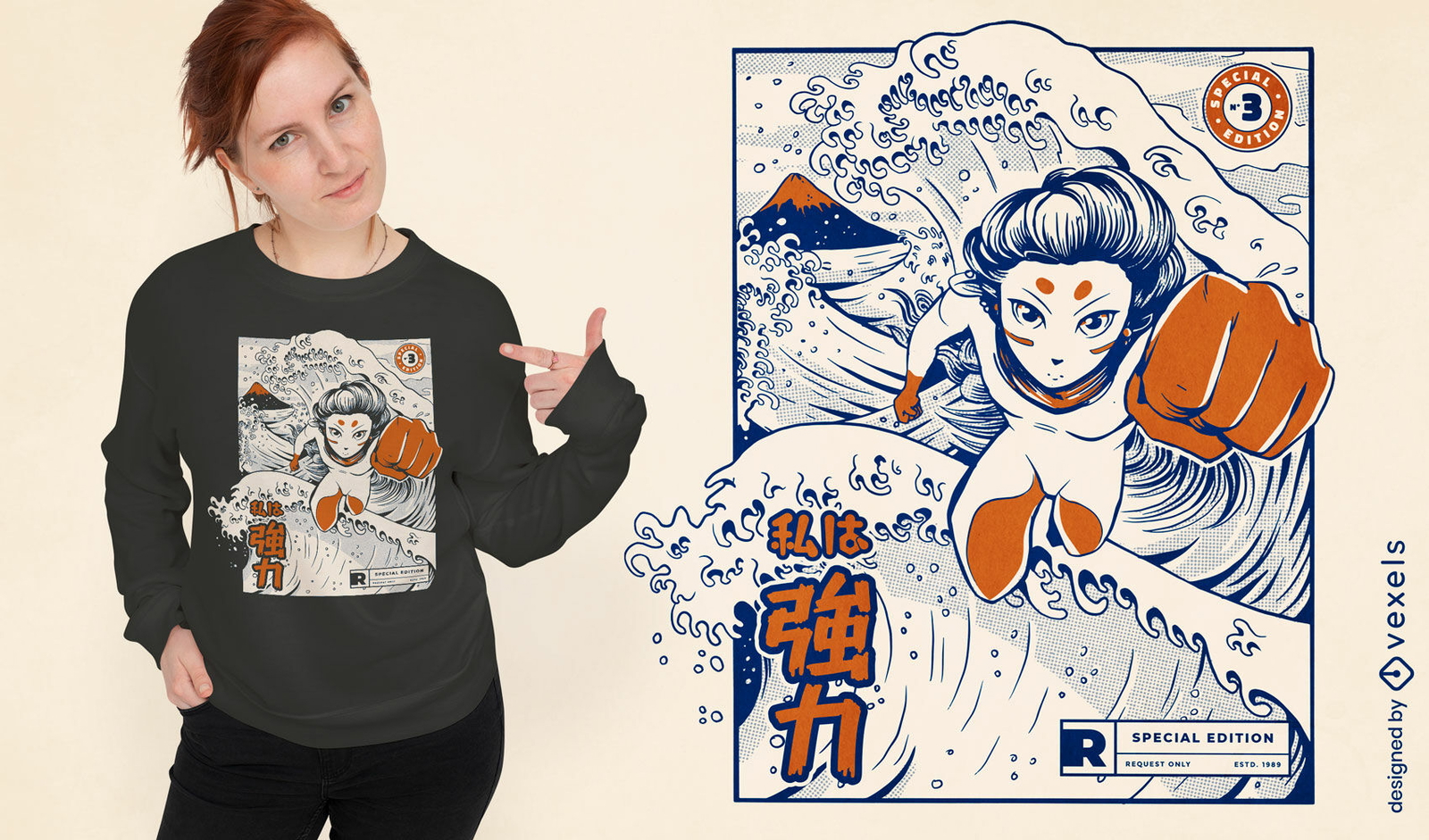 Diseño de camiseta voladora de niña japonesa.