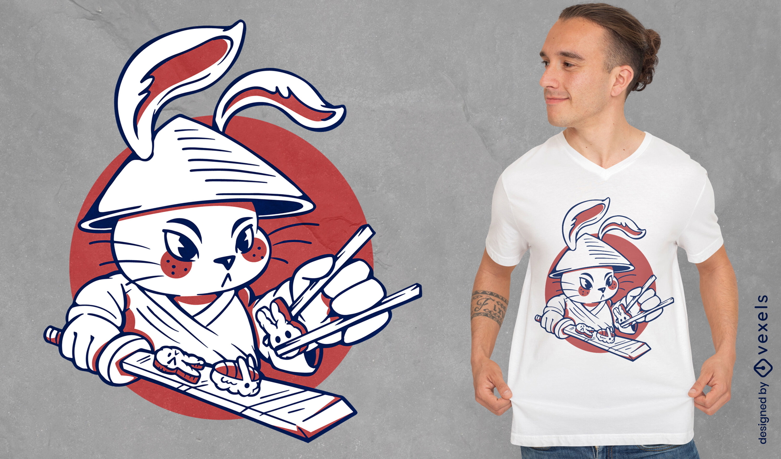 Conejo samurai haciendo diseño de camiseta de sushi.