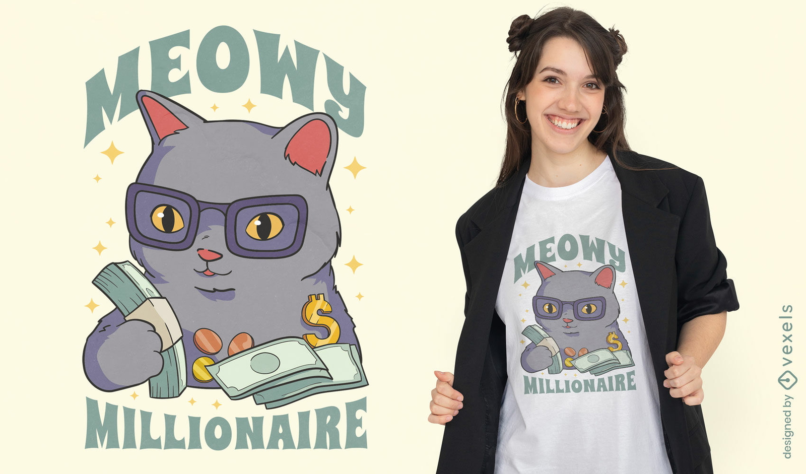 Gato milionário com design de camiseta de dinheiro