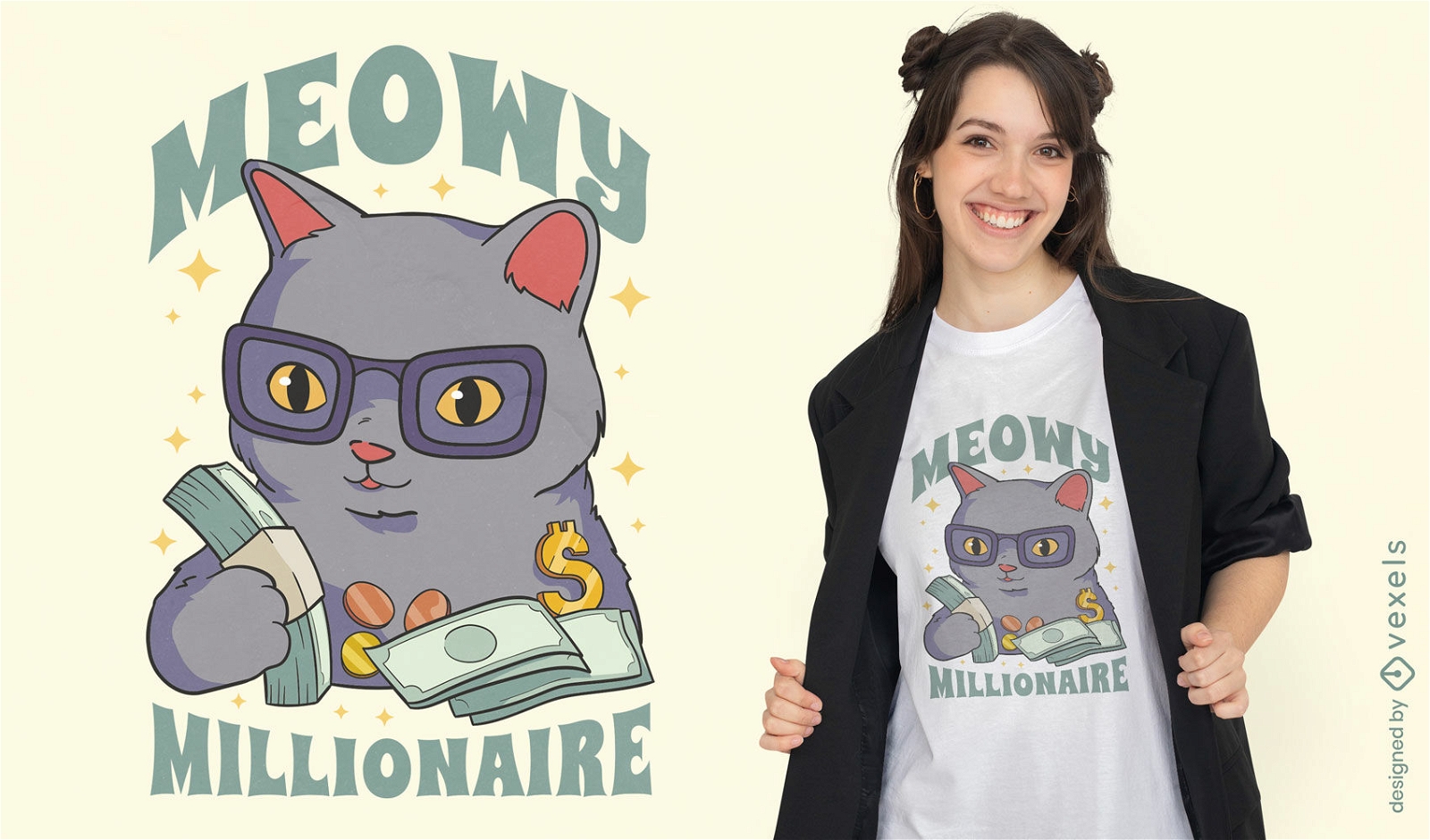 Gato millonario con diseño de camiseta de dinero.