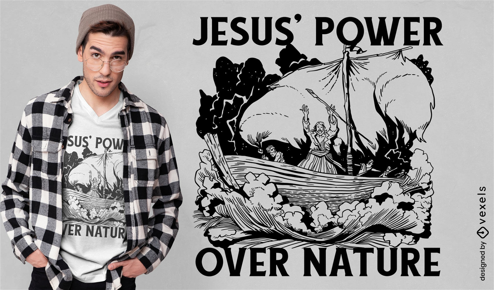 Diseño de camiseta religiosa de Jesús en un barco.