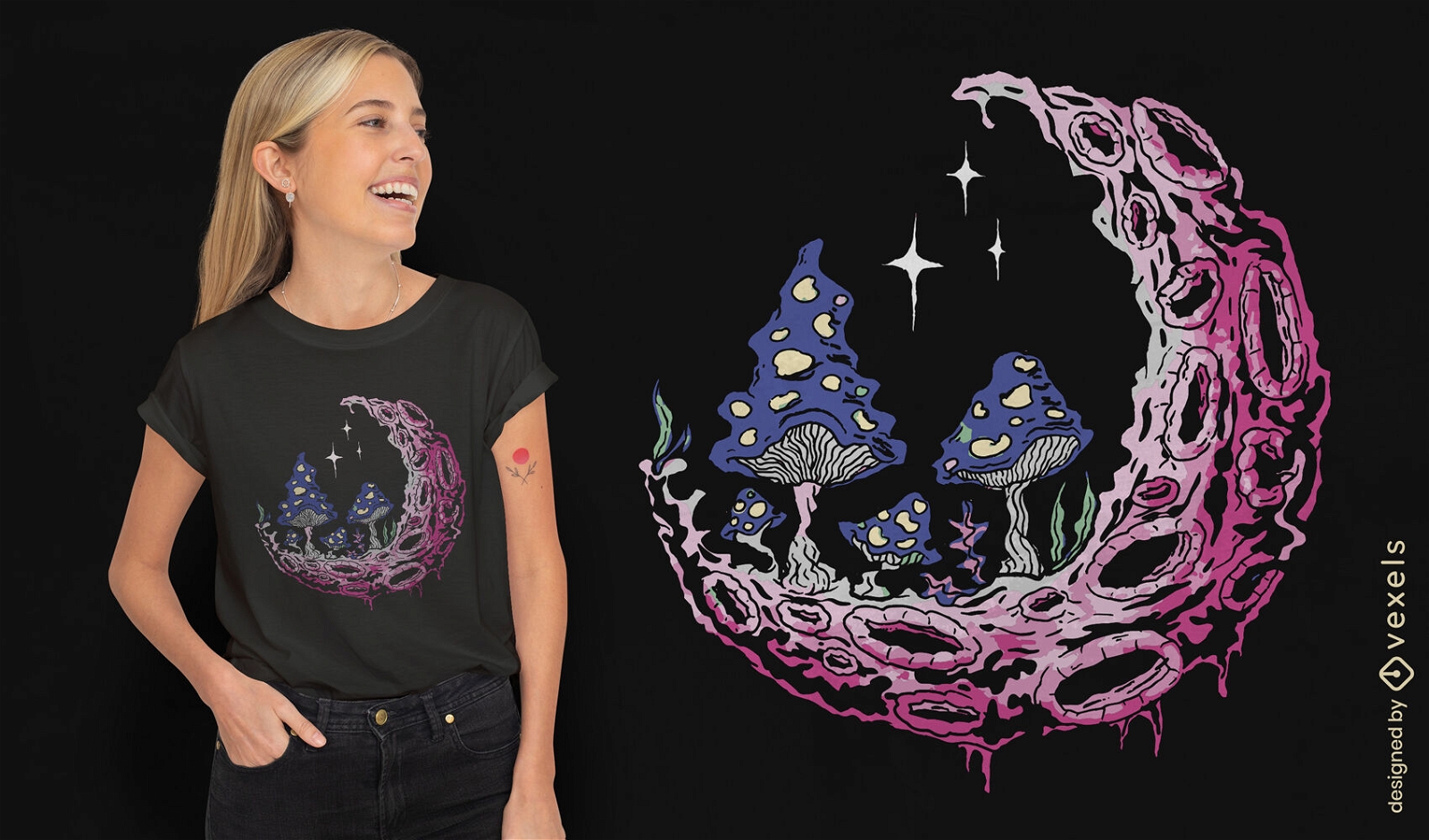 Design de camiseta de lua e cogumelos Trippy