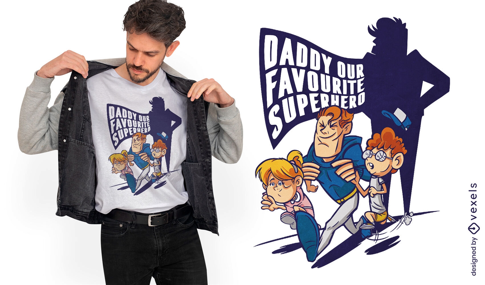 Diseño de camiseta de papá superhéroe y niños.