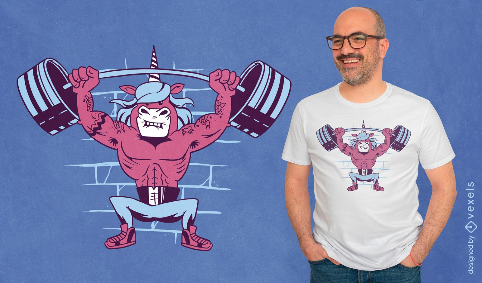 Cartoon unicorn weightlifting t-shirt design