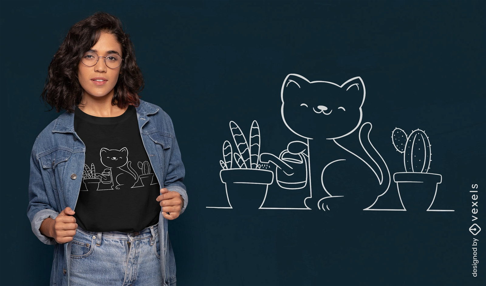 Design de camiseta de arte de linha de gatos e plantas