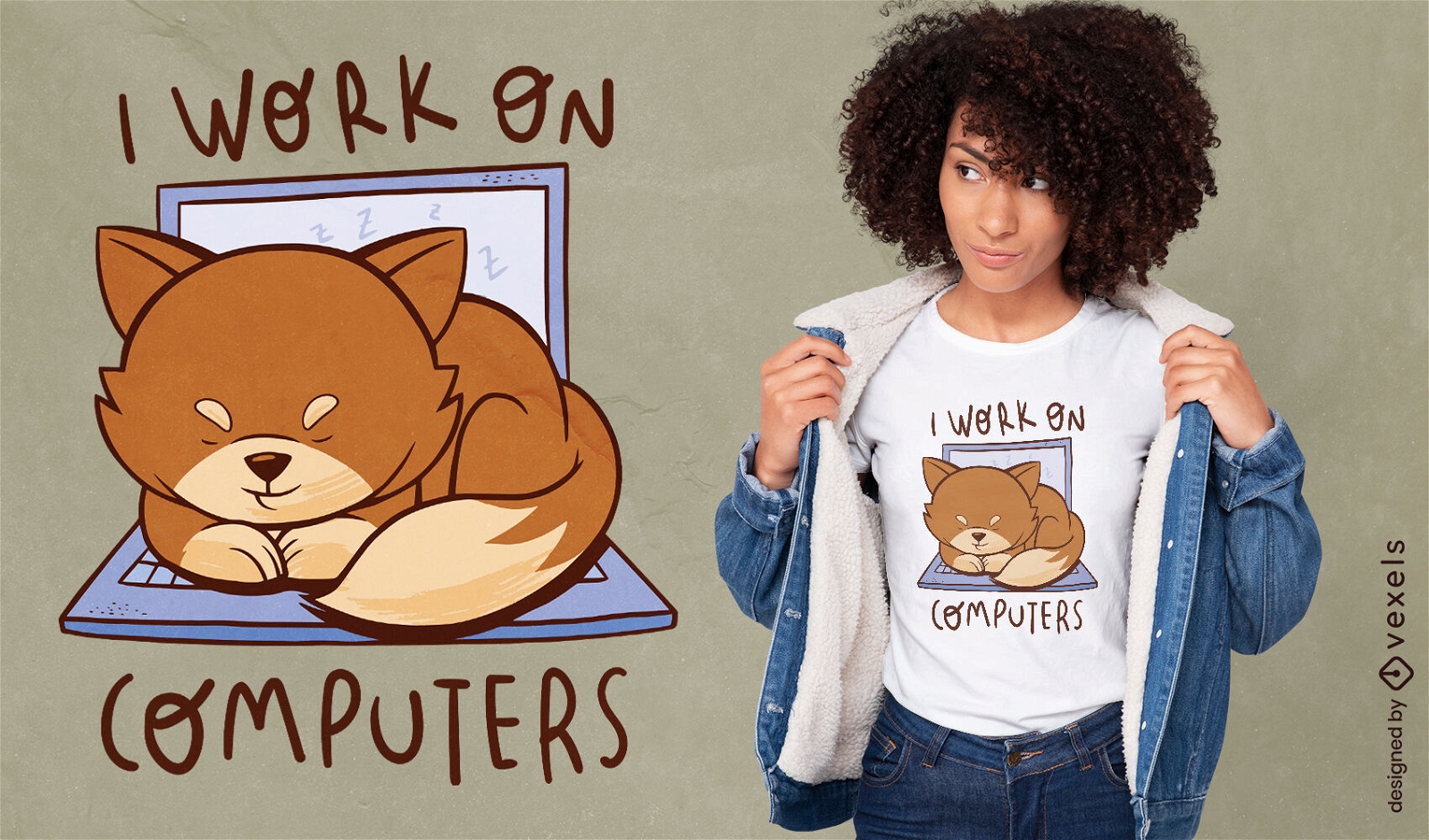 Cute cat on computer cartoon t-shirt design