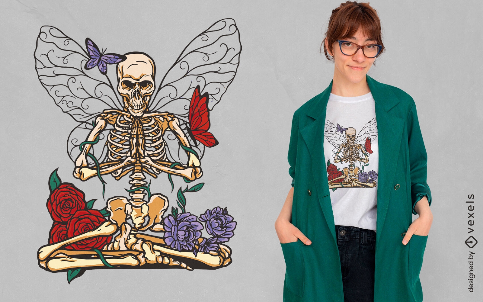 Diseño de camiseta esqueleto con flores y alas.