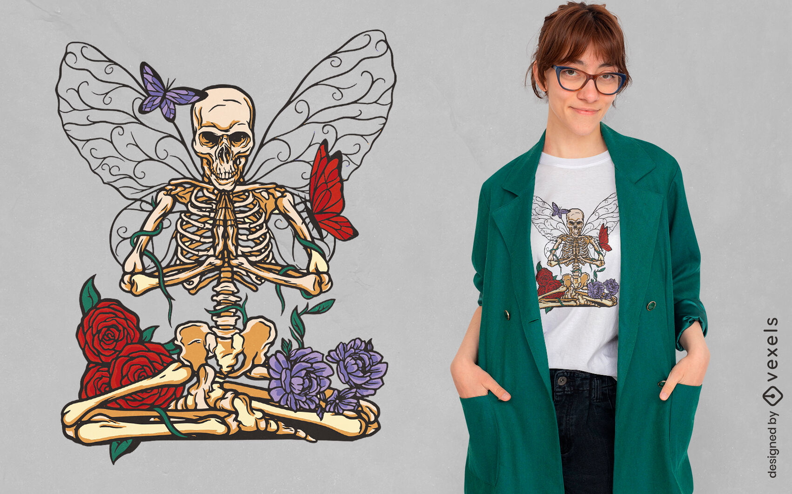 Skelett mit Blumen und Flügeln T-Shirt-Design