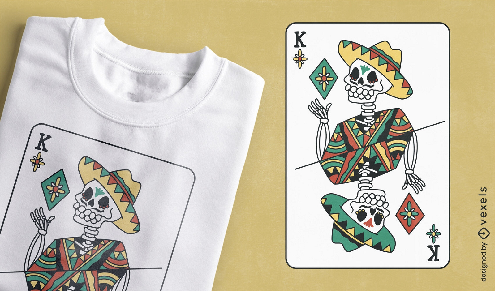 Diseño de camiseta de tarjeta de esqueleto mexicano.