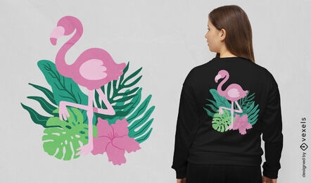 Flamingo com design de t-shirt de folhas tropicais