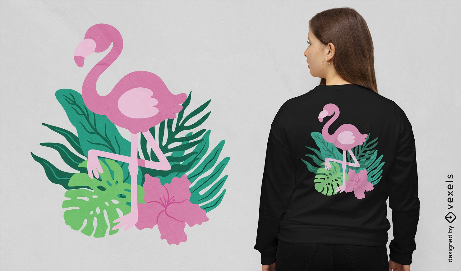 Diseño de camiseta de flamenco con hojas tropicales.