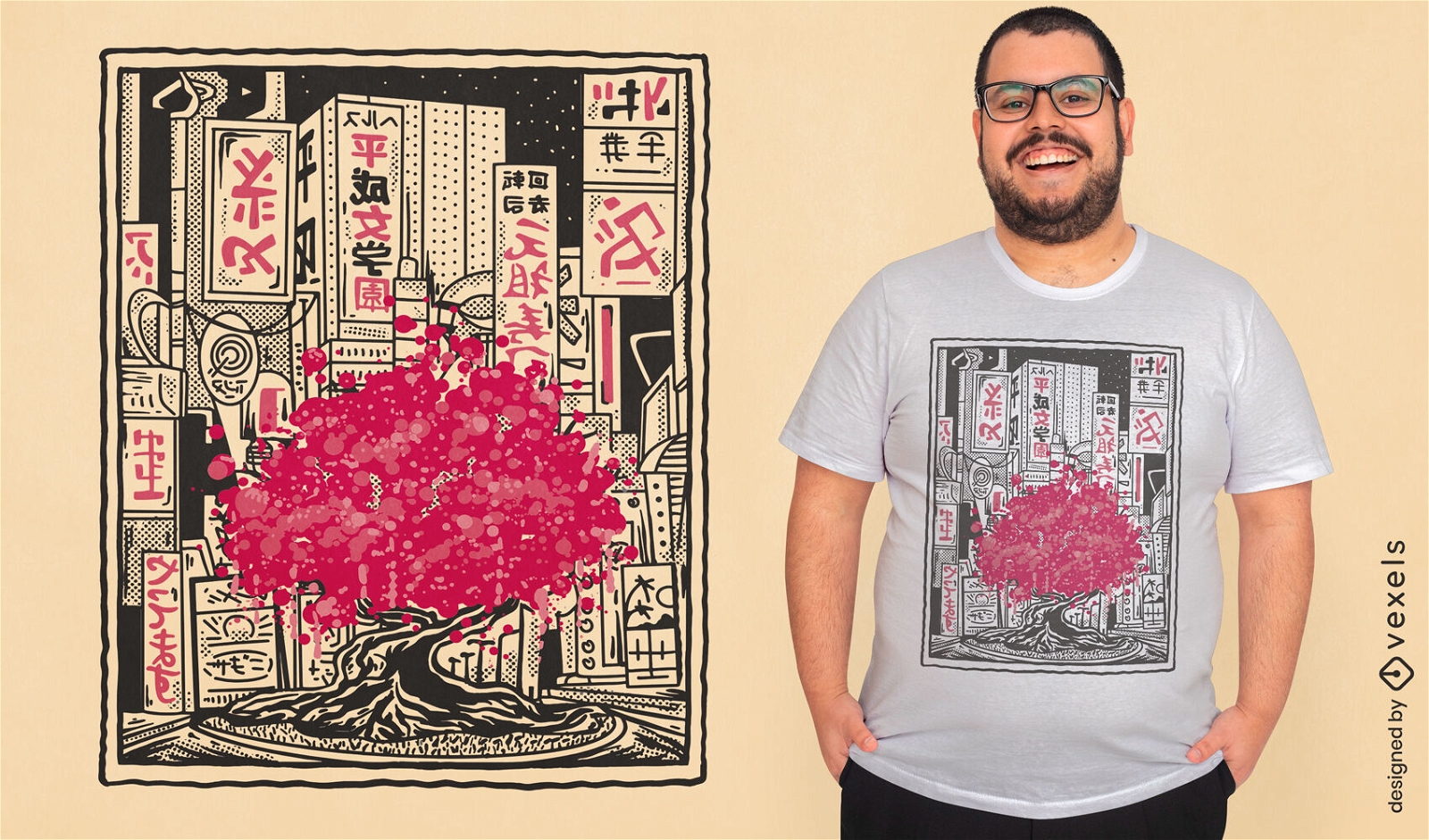 Design de camiseta de árvore da cidade japonesa