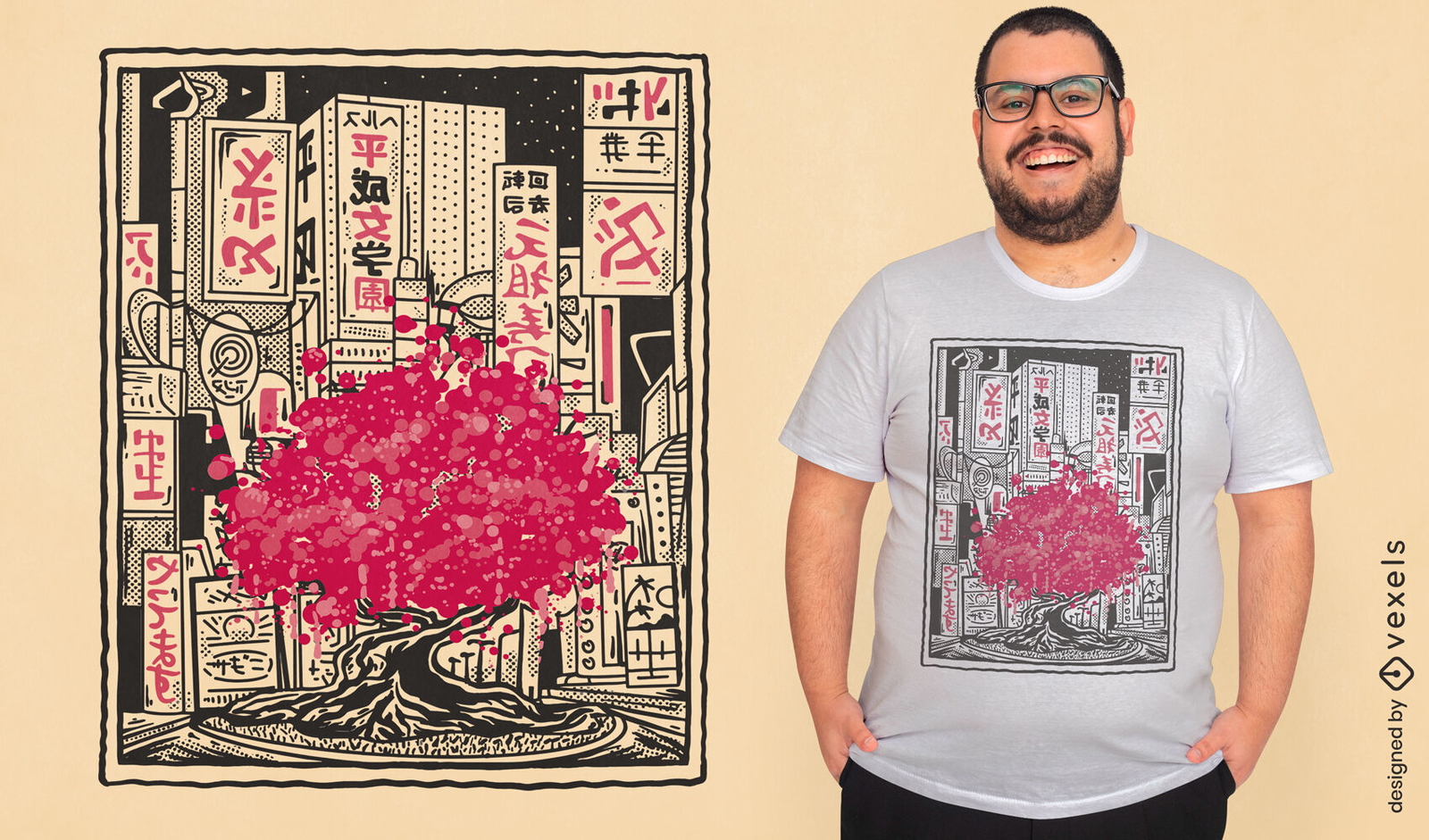 Diseño de camiseta de árbol de ciudad japonesa.