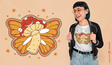 design de camiseta de cogumelo borboleta dos anos 70