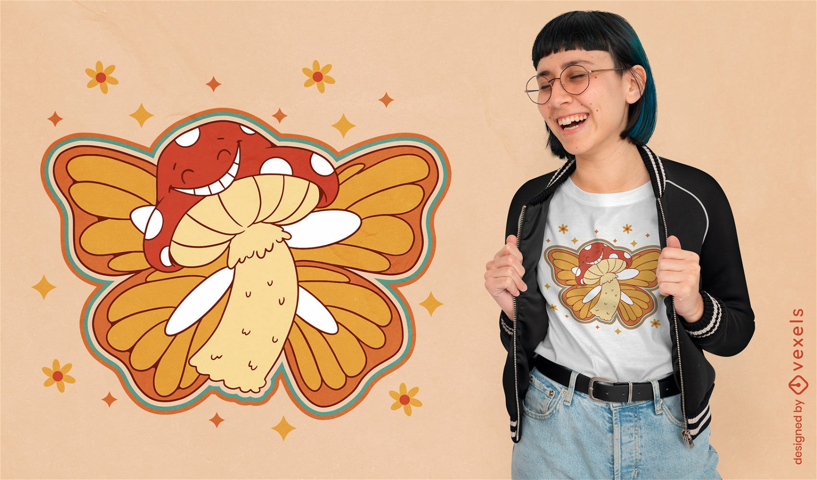 70er-Jahre-Schmetterlingspilz-T-Shirt-Design