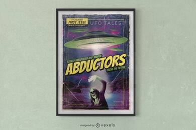 Alien spaceship abducting skeleton poster design