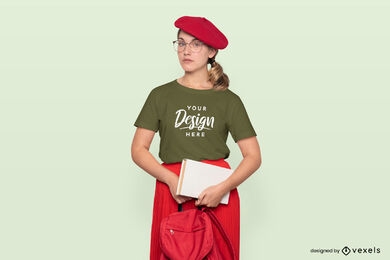 Woman wearing beret in t-shirt mockup