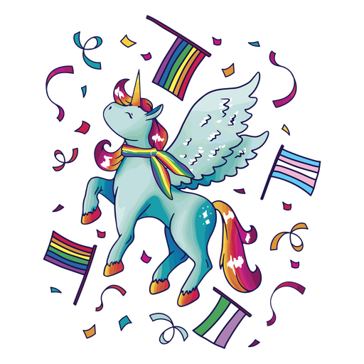 Rainbow unicorn with rainbow flags and confetti PNG Design