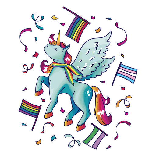 Unicornio arcoíris con banderas arcoíris y confeti. Diseño PNG