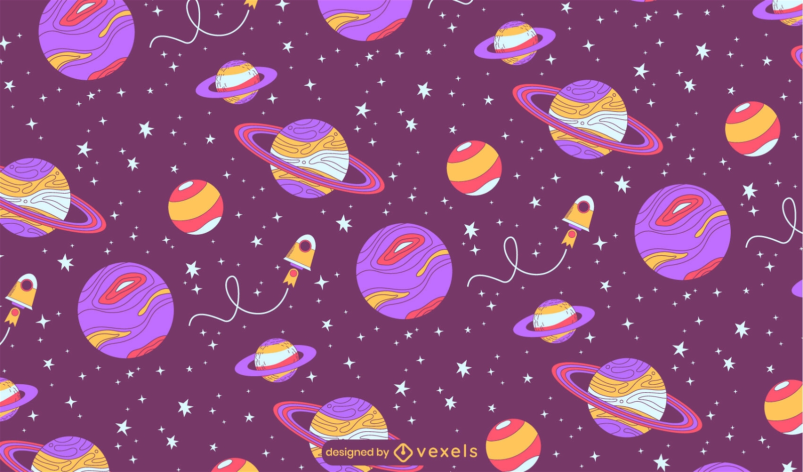 Planets and spaceship in space pattern design