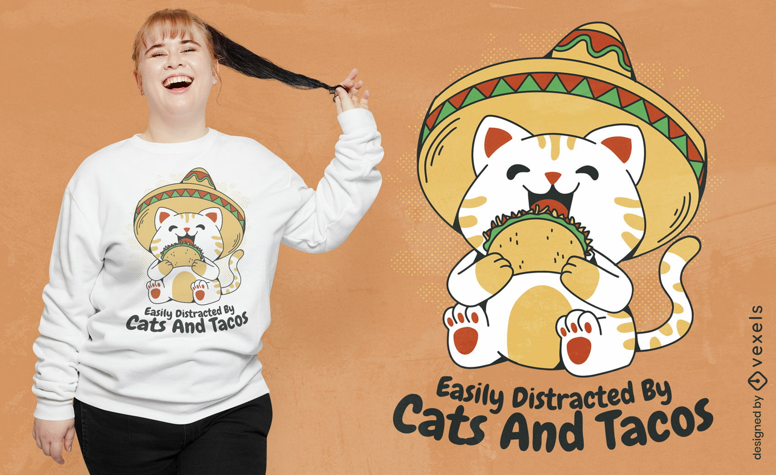 Diseño lindo de camiseta de dibujos animados de gato y taco