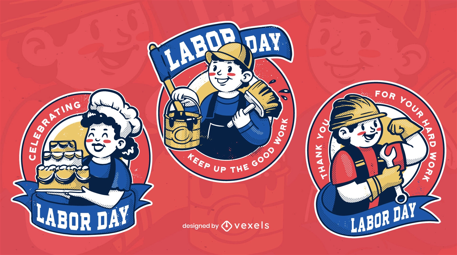 Labor day cartoon badges set