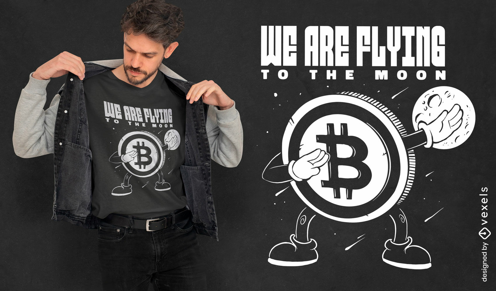 Cryptocoin voando para a lua design de t-shirt de desenho animado retrô