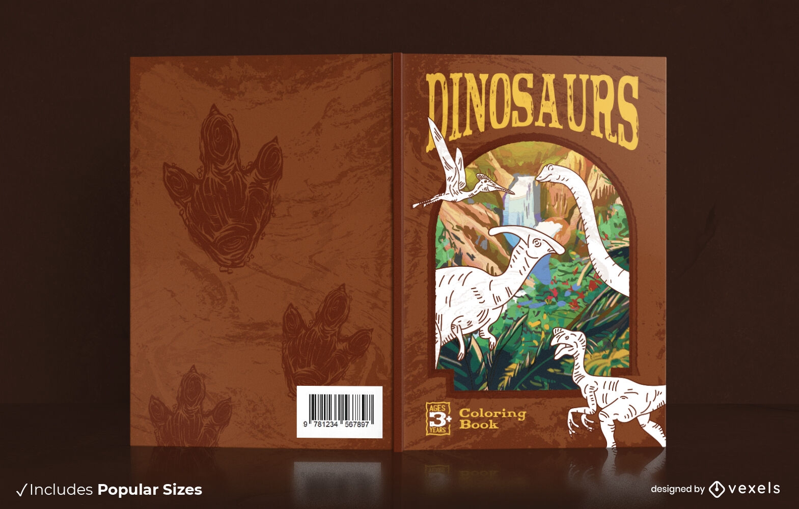 Realistic dinosaurs coloring book cover design