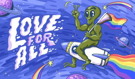 Alien auf raumschiff lgbt-illustration