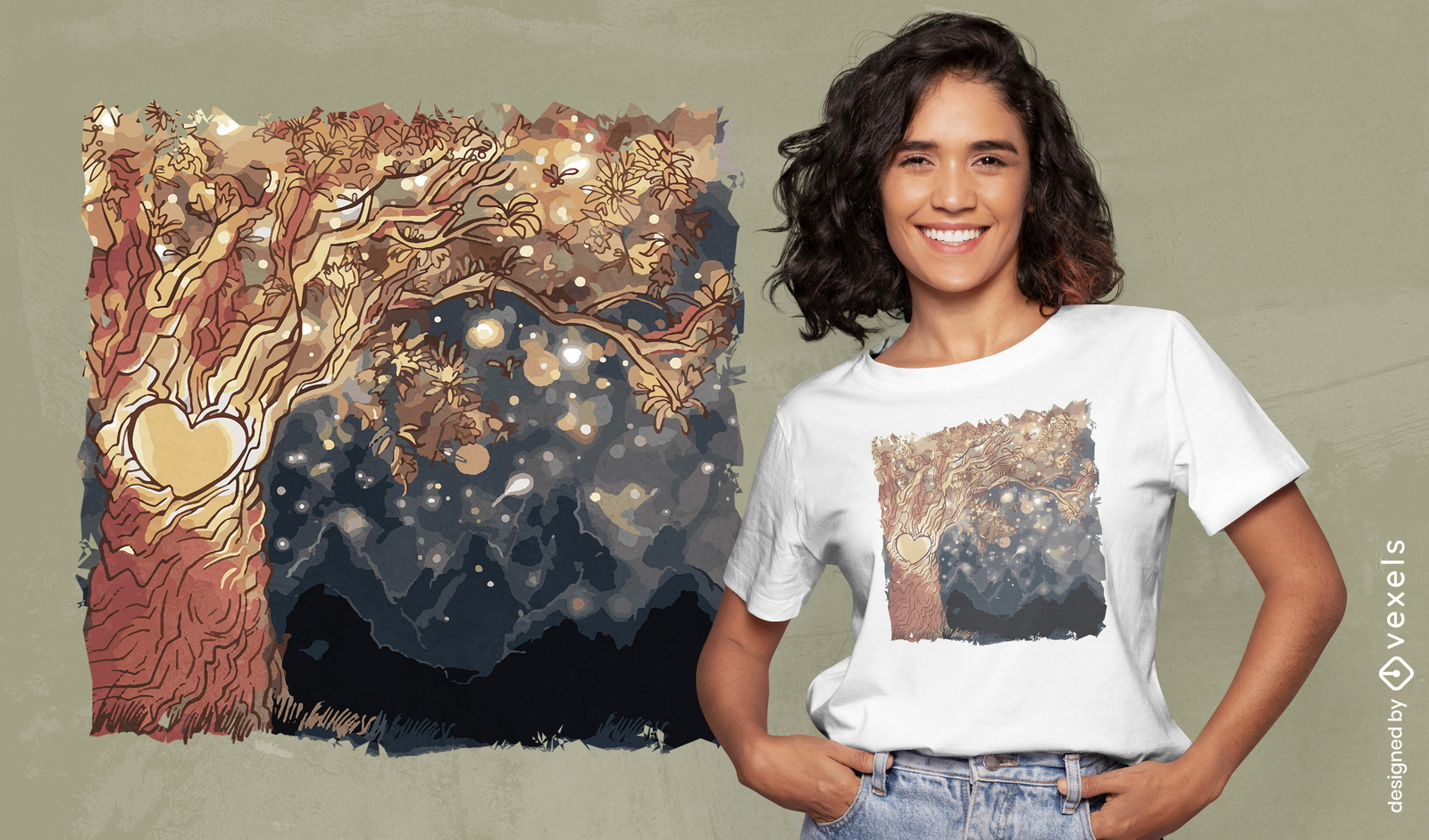 Design de camiseta de coração de árvore de fantasia