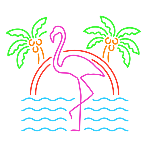 Flamenco de ne?n en la playa con palmeras. Diseño PNG