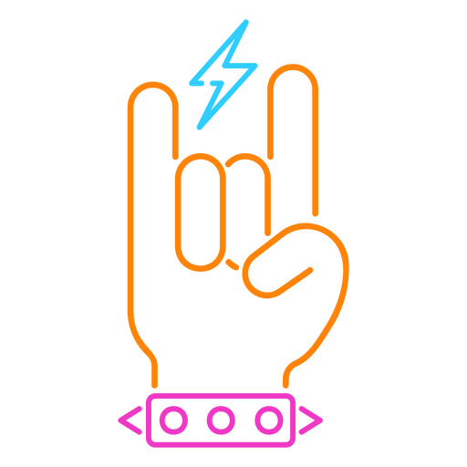 Neon rock hand sign with a lightning bolt PNG Design