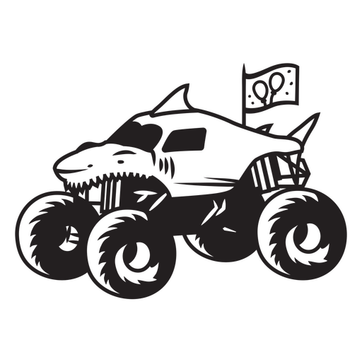 Black and white image of a monster truck with a flag on it PNG Design