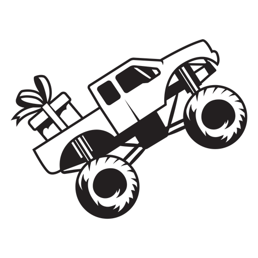 Black and white monster truck with present PNG Design