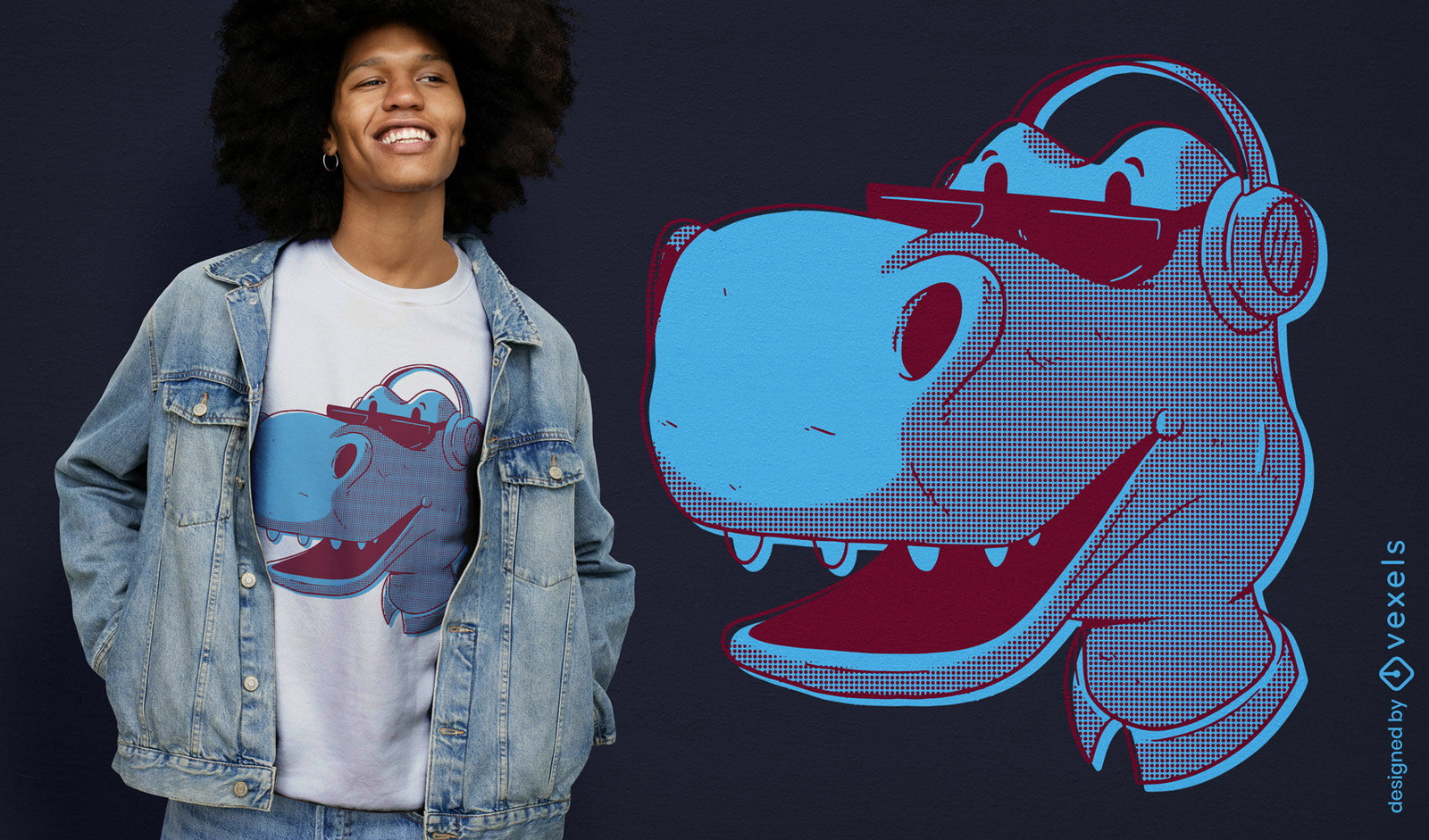 Genial diseño de camiseta de dinosaurio escuchando música.