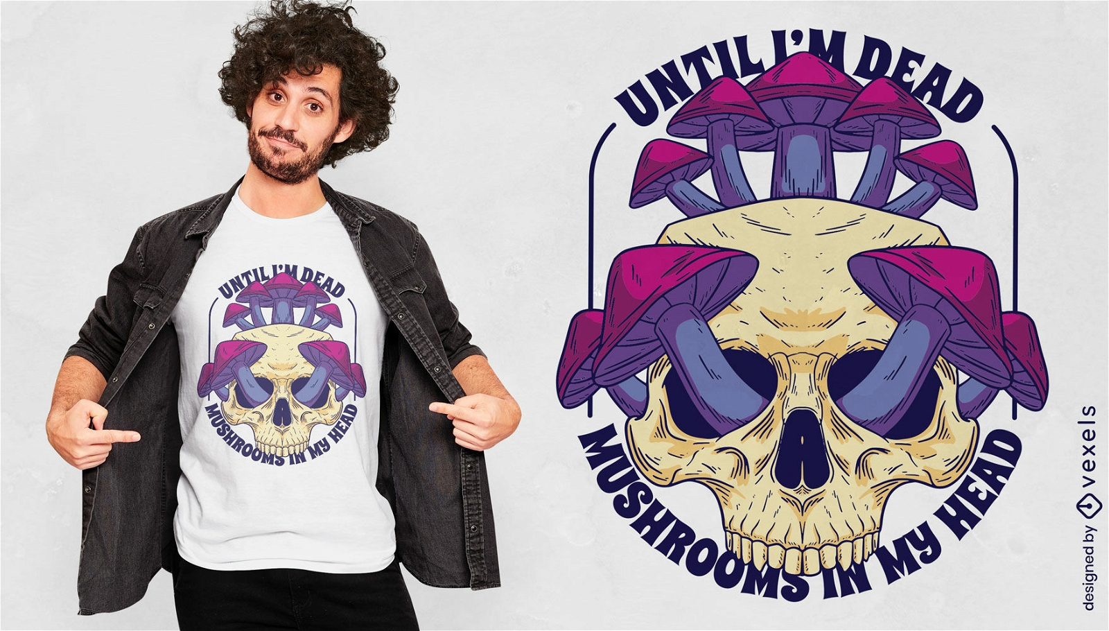 Crânio cheio de design de t-shirt de cogumelos