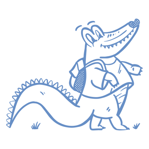 Dibujo azul de un cocodrilo con mochila. Diseño PNG