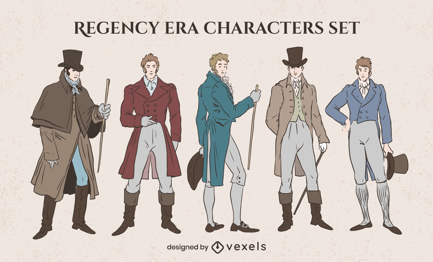 Conjunto de caracteres de moda masculina de la época de la regencia.